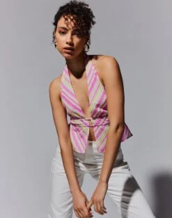 Tailored Pinstripe V Neck Vest -GLASSONS CLOTHING ainsley apron blouse guava stripe front bv108528prt 2