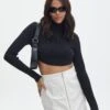 Cropped High Neck Backless Long Sleeve Knit Top -GLASSONS CLOTHING bearman backless funnel top black front kl111146knt