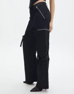 Satin Zip Pocket Cargo Pants 24 Satin Zip Pocket Cargo Pants -GLASSONS CLOTHING bella satin cargo pants black detail pw106522sat