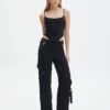 Satin Zip Pocket Cargo Pants -GLASSONS CLOTHING bella satin cargo pants black front pw106522sat