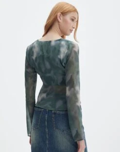 Split Tie Front Print Blouse -GLASSONS CLOTHING beth tie front chiffon blouse cypress haze back bl111539haz