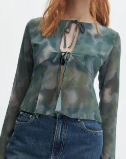 Split Tie Front Print Blouse -GLASSONS CLOTHING beth tie front chiffon blouse cypress haze detail bl111539haz