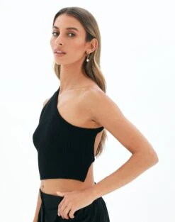 One Shoulder Open Back Strappy Tank -GLASSONS CLOTHING bibby backless knit black detail kv94524knt