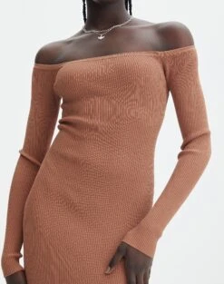 Ribbed Off Shoulder Long Sleeve Maxi Dress 30 Ribbed Off Shoulder Long Sleeve Maxi Dress -GLASSONS CLOTHING boston bardot knit dress slice of cake imageback kd109828rib