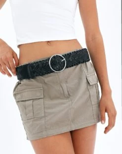 Statement Silver Buckle Belt -GLASSONS CLOTHING braided belt black front be95345bel 2