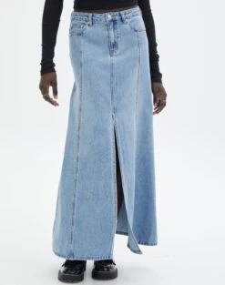 Front Split Denim Maxi Skirt -GLASSONS CLOTHING california split front denim maxi skirt riley vintage wash detail sl117834dnm