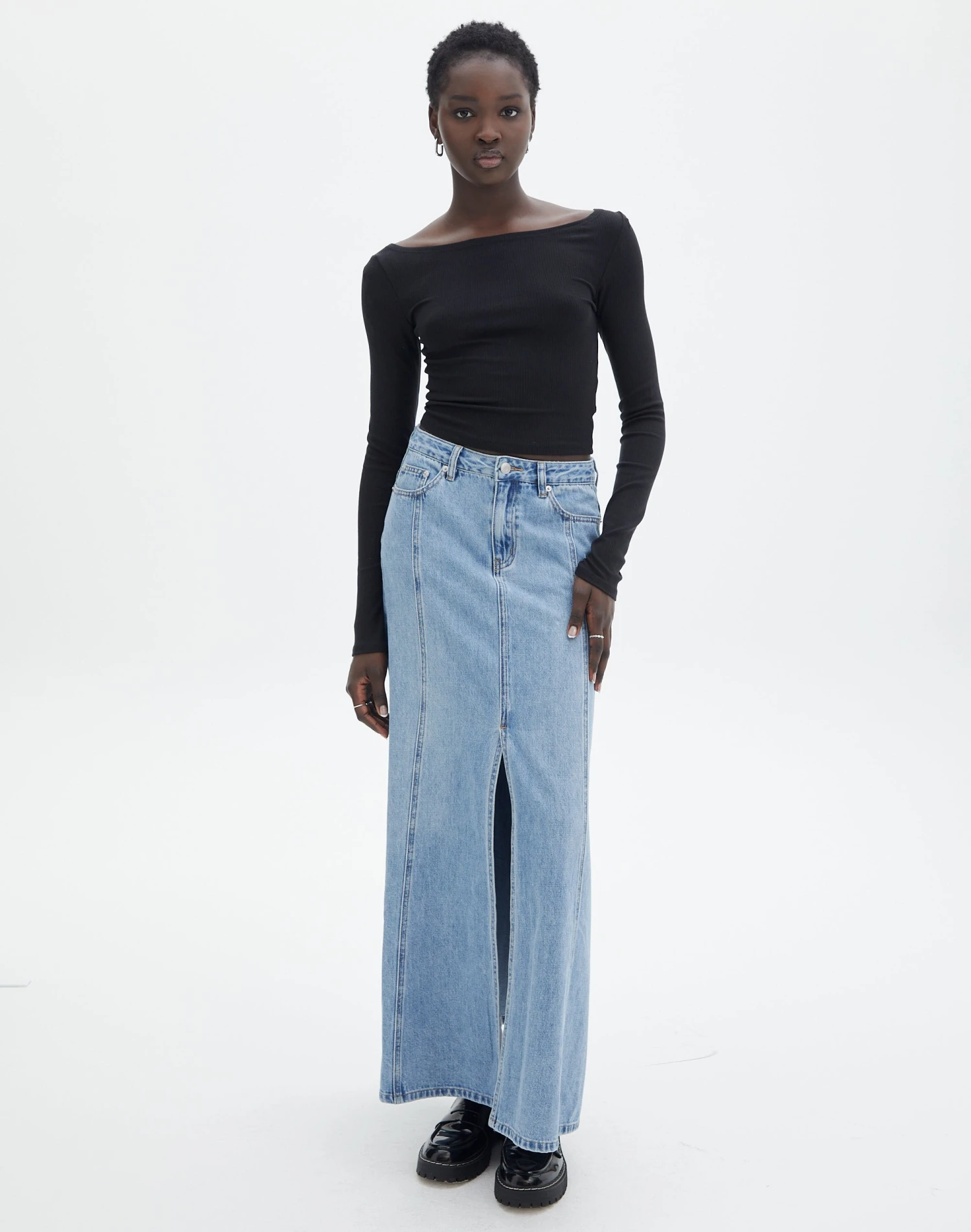 Front Split Denim Maxi Skirt