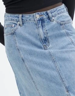 Front Split Denim Maxi Skirt -GLASSONS CLOTHING california split front denim maxi skirt riley vintage wash imageback sl117834dnm