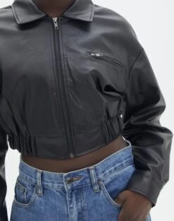 Cropped Faux Leather Bomber Jacket -GLASSONS CLOTHING camryn cropped pu bomber jacket black imageback jw75420pu