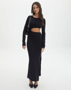 Knit Long Sleeve Keyhole Maxi Dress -GLASSONS CLOTHING carden cut out maxi dress black front kd105194knt 9