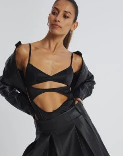 Contrast Stitch Long Sleeve Top -GLASSONS CLOTHING cartia cut out bodysuit black front tb106803sat 3