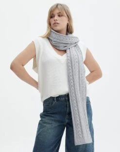 Knitted V Neck Jumper -GLASSONS CLOTHING charlie cable knit scarf pale grey marle front sc84231knt 1