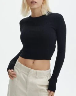 Long Sleeve Ribbed Knit Top -GLASSONS CLOTHING chutney crew neck black imageback kl79026vn