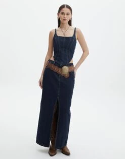 Tie Back Denim Square Neck Corset Bustier -GLASSONS CLOTHING co arizona denim corset last rodeo indigo full bv102322rdnm