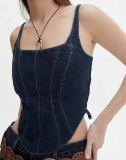 Tie Back Denim Square Neck Corset Bustier -GLASSONS CLOTHING co arizona denim corset last rodeo indigo imageback bv102322rdnm