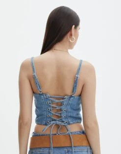 Tie Back Denim Square Neck Corset Bustier -GLASSONS CLOTHING co arizona denim corset riley vintage wash back bv102322rdnm