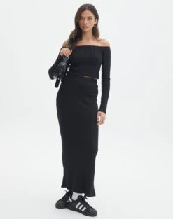 Off Shoulder Flared Long Sleeve Top -GLASSONS CLOTHING co gigi panelled rib maxi skirt black front sl127198rib
