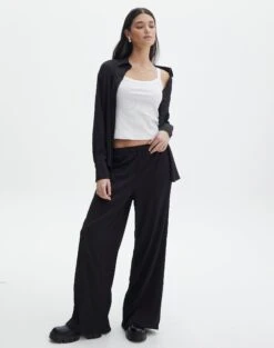Stitch Detail Faux Leather Pant -GLASSONS CLOTHING co gloria textured pants black front pw127549tex