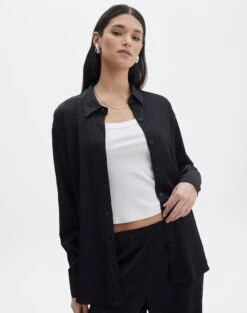 Faux Leather Tie Back Scarf Top 38 Faux Leather Tie Back Scarf Top -GLASSONS CLOTHING co gloria textured shirt black front bl127680tex 1