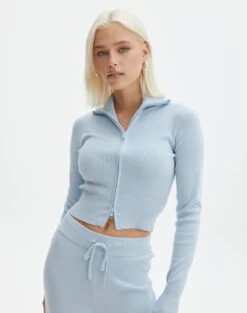 Long Sleeve Zip Through Knit Top -GLASSONS CLOTHING co harriet zip thru cardi blue bubble front kc90296knt