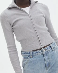 Long Sleeve Zip Through Knit Top -GLASSONS CLOTHING co harriet zip thru cardi pale grey marle imageback kc90296knt