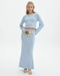 Double Button Knee Length Denim Skirt -GLASSONS CLOTHING co lardee knit tie waist maxi ice cap front sl47099knt 1