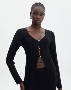Sheer Ladder Knit Button Up Top -GLASSONS CLOTHING co lidia laddered long line black front kc123985knt