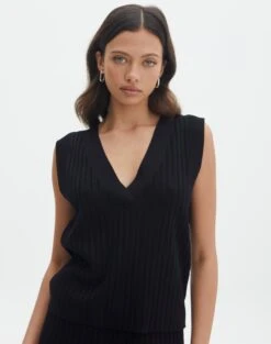 Rib Knit V Neck Vest 27 Rib Knit V Neck Vest -GLASSONS CLOTHING co litzy rib vest black front kv155579knt