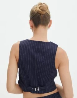 Tailored Pinstripe V Neck Vest -GLASSONS CLOTHING co loretta waistcoat navy pinstripe back bv65137pin