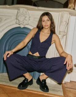 Tailored Pinstripe V Neck Vest -GLASSONS CLOTHING co loretta waistcoat navy pinstripe detail bv65137pin