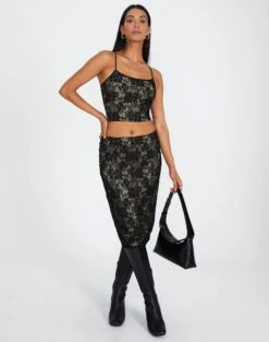 Lace Midi Slip Skirt -GLASSONS CLOTHING co lorna lace midi skirt blacknude front sl108106lac