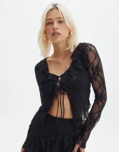 Tiered Asymmetric Lace Mini Skirt -GLASSONS CLOTHING co lotus lace cardigan black front tc120746lac 1