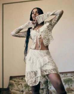 Tie Front Lace Frill Blouse -GLASSONS CLOTHING co lotus mini skirt bad to the bone front ss116576lac