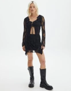 Tie Front Lace Frill Blouse -GLASSONS CLOTHING co lotus mini skirt black front ss116576lac