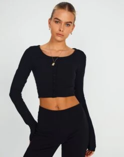 Zip Detailed Crop Tee -GLASSONS CLOTHING co peony longsleeve black front tc93716cot 4