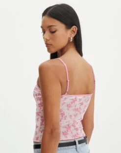 Floral Print Mesh Lettuce Trim Cropped Cami -GLASSONS CLOTHING co sabrina burnout mesh cami baby doll burnout back tv54660rbo