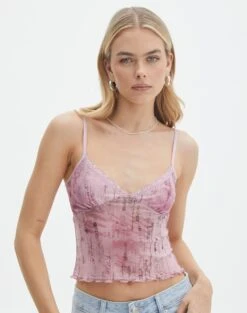 Floral Print Mesh Lettuce Trim Cropped Cami -GLASSONS CLOTHING co sabrina mesh cami baby doll script front tv54660rprt 3