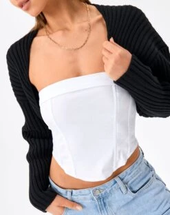 Rib Knit Long Sleeve Shrug -GLASSONS CLOTHING croissant knit cardi black imageback kc54013rib