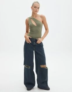 Supersoft One Shoulder Cut Out Bodysuit -GLASSONS CLOTHING dua one shoulder cut out bodysuit lt khaki full tb88291pch