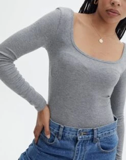 Luxe Lounge Modal Long Sleeve Low Back Bodysuit -GLASSONS CLOTHING fabian longsleeve modal bodysuit heather marle imageback tb122502mod