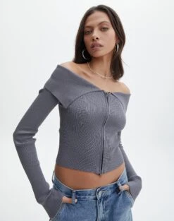 Zip Front Long Sleeve Fold Down Knit Top -GLASSONS CLOTHING franka fold down knit top keep your coal front kc113184vn