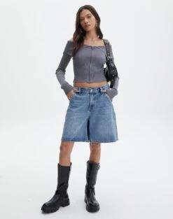 Zip Front Long Sleeve Fold Down Knit Top -GLASSONS CLOTHING franka fold down knit top keep your coal full kc113184vn