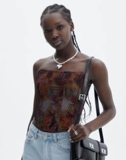 Floral Print Mesh Lettuce Trim Cropped Cami -GLASSONS CLOTHING freya fishnet corset fuschia clash front tv104708fcc 1