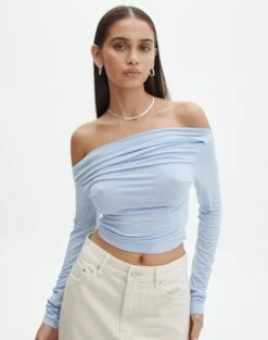 Ruched Off The Shoulder Top -GLASSONS CLOTHING genie ruche off the shoulder top icecap front tl124186vis