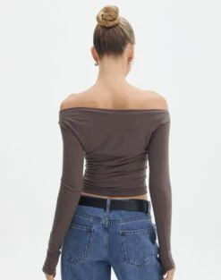 Ruched Off The Shoulder Top -GLASSONS CLOTHING genie ruched off the shoulder top irish coffee back tl124186vis