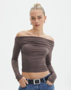 Ruched Off The Shoulder Top -GLASSONS CLOTHING genie ruched off the shoulder top irish coffee front tl124186vis