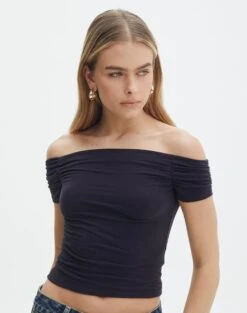 Wide Leg Denim Culottes 32 Wide Leg Denim Culottes -GLASSONS CLOTHING greta ruched off the shoulder top black front ts119562cot