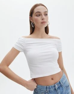 Wide Leg Denim Culottes 34 Wide Leg Denim Culottes -GLASSONS CLOTHING greta ruched off the shoulder top white front ts119562cot