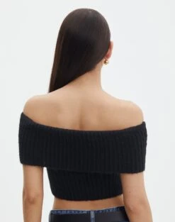 Foldover Off Shoulder Cropped Knit -GLASSONS CLOTHING harper off shoulder fluffy knit black back kv106717knt