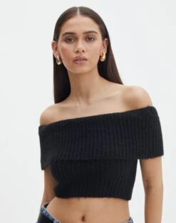 Foldover Off Shoulder Cropped Knit -GLASSONS CLOTHING harper off shoulder fluffy knit black front kv106717knt